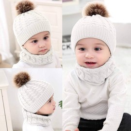 CheChury Unisex Baby’s Winter Hat & Scarf, Children's Set, Loop Scarf, Warm Knitted Hat With Pom Pom, Knitted Winter Scarf, Slip-On Hat For Children Aged 1-3 Years - A-White