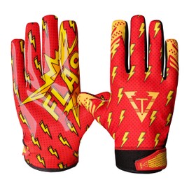 TAQCHA Thunder Football Gloves - Tacky Grip Skin Tight Football Gloves - Pro Elite Super Sticky Receiver Football Gloves - Adult & Youth Sizes (Red, Adult - Medium)