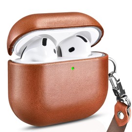Leather Case for AirPods 4 2024, ICARER Premium Genuine Leather Shockproof Protective Cover with Lanyard for AirPods 4 Earphones Charging Case with Hole (LED Visible) Support Wireless Charger-Brown