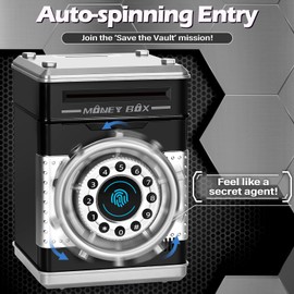 Theddtoy Fingerprint PIN Lock Money Box,Safe Piggy Bank for Kids,Auto-Spin Unlock Smart Cash Saving Box Birthday Present for 3-12 Years-Black