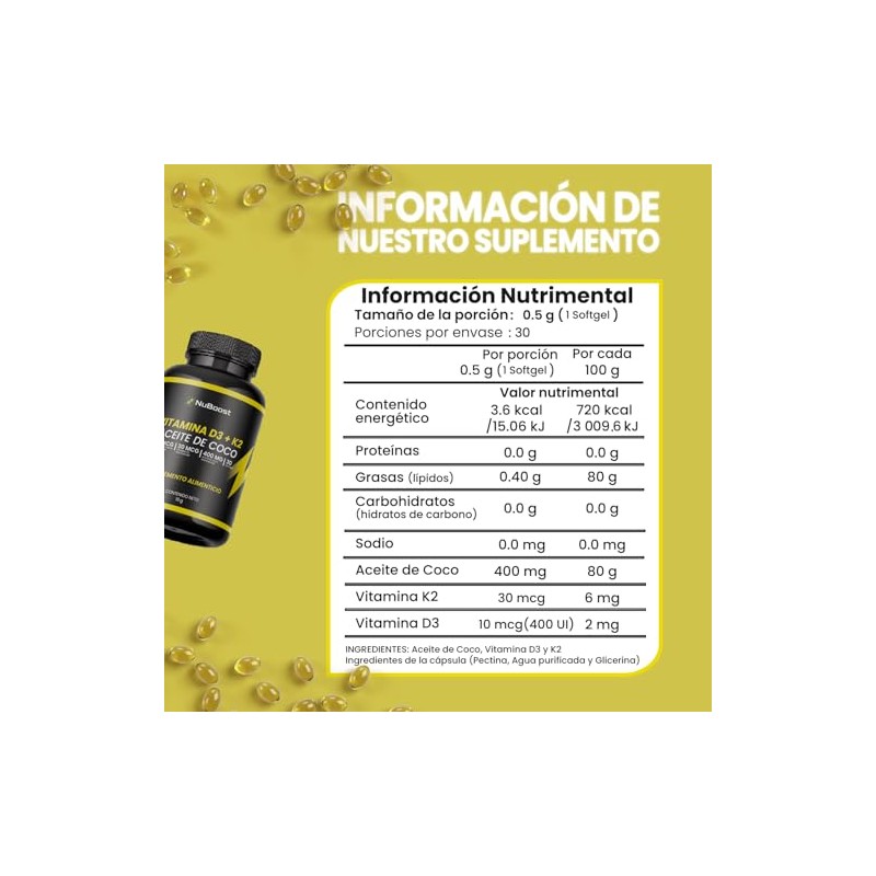 NuBoost Vitamina D3 + K2 con Aceite de Coco -