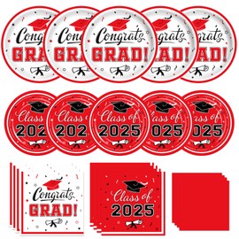 Graduation Party Supplies Kit Serves 50 - Graduation Party Red Class of 2025 Tableware Disposable Dinner Plates Dessert Plates and Napkins for Congrats Grad Party Decorations