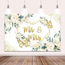 Pnylzzyxh 8x6ft Mr and Mrs Backdrop Gold Diamond Wedding Bridal Shower Party Decorations Backdrop Butterfly Floral Bride to Be Photography Background for Engagement Party Supplies