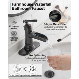 HOIGY Waterfall Faucet, Brass Oil Rubbed Bronze Bathroom Faucet 1 Hole, Single Handle Bathroom Faucets, 4 Inch 3 Hole Bathroom Sink Faucet with Pop Up Drain Deck Plate & Supply Hoses for Farmhouse