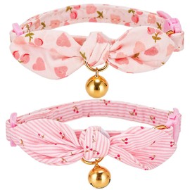 2 Pack Kitten Collar Cotton Breakaway Cat Collars Bell Pink Cat Collar with Bells Pendant, Cute Girl Cats Kitten Collars with Removeable Bow