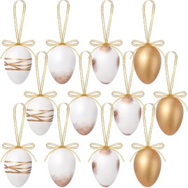 RoundFunny 12 Pcs Neutral Easter Egg Ornaments Tree Decoration Plastic Speckled Egg Hanging Ornament Bulk 2.36'' Rustic Easter Decorations for Basket DIY Crafts Holiday Party Favors (White Gold)