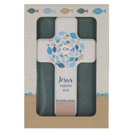 Butzon & Bercker Children's Wooden Cross Jesus Accompanying You 18 x 11 cm Gift Packaging, Cross Made of Beech White Lacquered, Coloured Printed, Gift Idea for Children, Christian Wall Cross