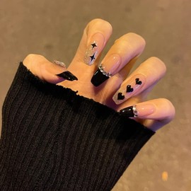 Valentine's Day Press on Nails Heart Fake Nails Long Coffin False Nails Black Heart Star French Tip with Rhinestones Design Stick on Nails Full Cover Almond Fake Nails Acrylic Nail Decoration 24 Pcs