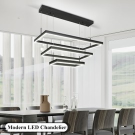 Mccokaige Black 3 Ring Modern Led Chandelier Dimmable Rectangular Contemporary Light Fixtures Modern Led Chandelier Modern Led Pendant Light Adjustable Ring Light for Living Room Dining High Ceiling