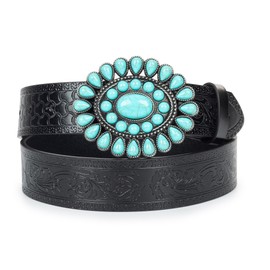 INOGIH Women Vintage Western-Leather-Belts Turquoise-Buckle-Belt Cowgirl-Country-Boho Waist Belts(for 33" to 38" Waist)