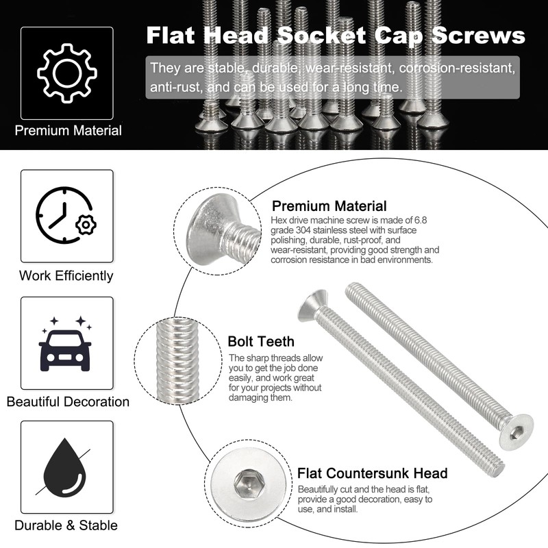 PATIKIL M6 x 80mm Flat Head Socket Cap Screws, 10
