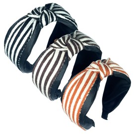 UaiUya Knotted Headbands, Stripe Headbands for Women, Fashion Fabric Stripe Wide Headbands Top Knot Turban Hair Bands 3PC(Orange+Coffee+Black)