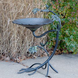 Zaer Ltd. Scallop Edge Metal Birdbath on Curved Branch Stand (Galvanized Color)