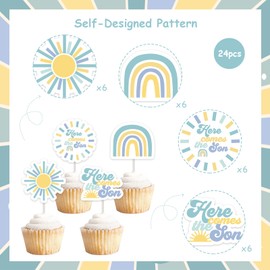 24 Pack Here Comes The Son Cupcake Toppers, Cupcake Picks Baby Shower Decorations for Boy, A Little Sunshine is On The Way Boho Party Supplies