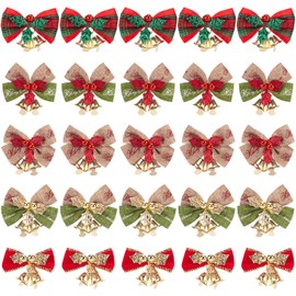 Johiux 25 Pcs Christmas Bows for Tree Decoration,Wreath Making Supplies Bows,Xmas Small Bow with Bell for Gift Wrapping Christmas Craft Supplies Wrapping Accessories 5x4cm. (25)