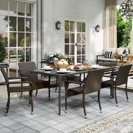 Yaheetech Set of 4 Stackable Outdoor Rattan Dining Chairs, All-Weather Armchair w/Armrests, Steel Frame for Garden, Patio, Deck, Yard, Poolside, Brown