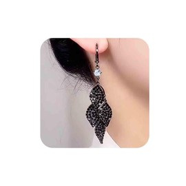 Aneneiceera Punk Black Crystal Tassel Drop Earrings Cluster Rhinestone Leaf Dangle Earrings Gothic Cz Fringe Leaf Tassel Earrings Vintage Black Chandelier Earrings Jewelry for Women