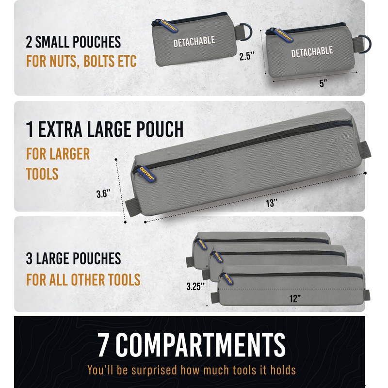 CRAFT911 Durable Tool Bag Organizers w/Detachable 6 Tool Pouches -