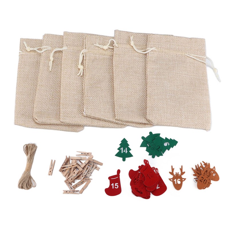 24Pcs Christmas Advent Calendar Drawstring Bags Reusable Hanging Countdown Pouch