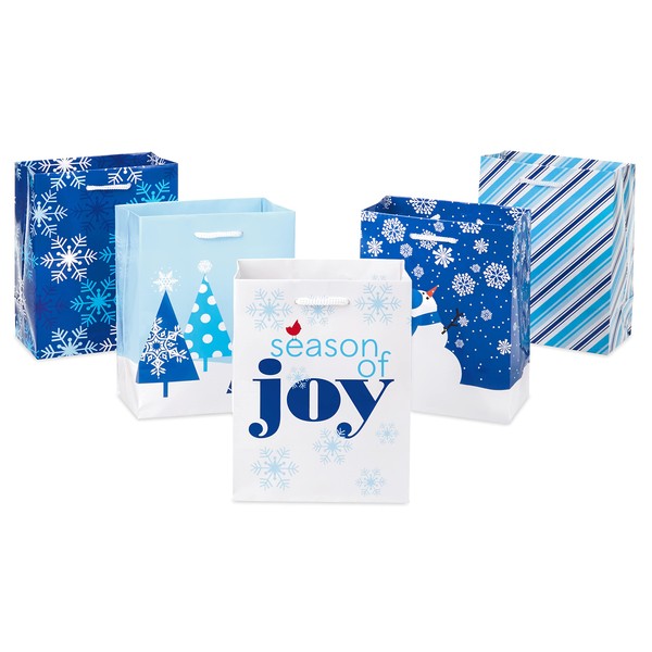 Hallmark 6" Small Holiday Gift Bags (Pack of 5) Blue Winter Scenes, Stripes, Snow