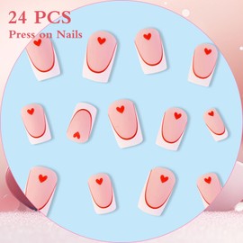 Wmbzxh Red Heart Valentines Fake Nails Medium Square Valentines Press on Nails with Red Curve White French Nails Tips Glossy Stick on Nails for Lady Girls Valentine's Day gift 24pcs