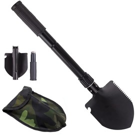 4-in-1 Multifunctional Folding Shovel, Folding Garden Spade, 42 cm, Black Folding Shovel, Mini, Multifunctional Camping Folding Shovel, for Hiking, Camping, Hunting, Garden, Snow Shoveling, (Black)
