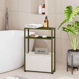 Leomonio Narrow Side Table, Slim End Tables with Fabric Basket, Skinny Table for Small Spaces, Thin Bedside Table for Living Room, Bedroom (1, Forest Green + Camel Brown)