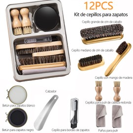 Kits de Cuidado de Zapatos de 12 piezas,kit de limpieza de zapatos de piel,con cepillo tradicional de pelo de caballo, muy adecuado para que los hombres lo lleven cuando viajan y trabajan