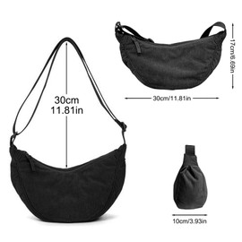 Amexo Cord Crossbody Bag Women's Crescent Moon Shoulder Bag with Shoulder Strap Adjustable Retro Dumpling Bum Bag for Shopping, Dating, Travel and Work, black