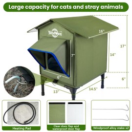 TENDWARE Heated Cat House for Outside Outdoor Cat House with Elevated Base Cat-attracting eave Design Feral Stray Cat Shelter Weatherproof in Winter Garage Yard Porch Size S