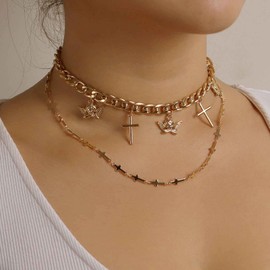 Erimberate Vintage Angel Pendant Necklace Gold Layered Cross Choker Necklace Retro Thick Curb Chain Necklace Horizontal Cross Necklace Religion Jewelry for Women and Girls