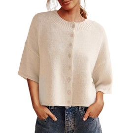 Saodimallsu Womens 3/4 Sleeve Cardigan Sweater Button Down Cropped Crewneck Cardigan 2025 Fall Casual Knit Tops Beige