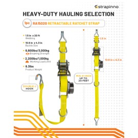 STRAPINNO Retractable Ratchet Tie-Down Strap - 1.5 in x 20 ft Heavy-Duty Strap with Double-J Hooks, D Rings, Tangle-Free Webbing, 6,600lbs Breaking Strength and 2,200lbs Working Load Limit (1 PC)