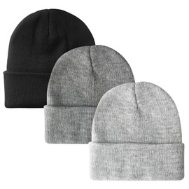PFFY 3 Packs Unisex Beanie Hats for Men Women Winter Cuffed Knitted Beanies Skull Cap Black+Darkgrey+Lightgrey
