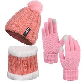 Winter Knitted Hat Scarf Glove Set, Women Pink Knitted Winter Cold Weather Set Hat and Scarf Ski Outing for Women Daily Ski Outdoor Sports Gift