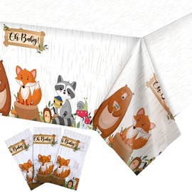 Tatuo Woodland Tablecloth Animals Safari Tablecloth Woodland Table Covers Plastic Jungle Wild Creature Zoo Party Table Cloth for Kids Birthday Baby Shower Decoration Supplies, 54 x 108 Inch(3 Pieces)