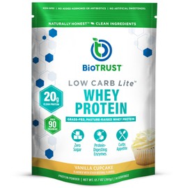 BioTrust Low Carb Lite, 20 Grams of Grass-Fed Whey Protein Isolate, 100 Calories, ProHydrolase Digestive Enzymes, Non-GMO, Free from Soy and Gluten, rBGH-Free (14 Servings) (Vanilla Cupcake)