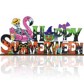 Summerween Party Decorations Happy Summerween Wooden Table Decor 11.8x5.4 Inch Summerween Party Decorations Table Centerpiece with Skeleton for Summer Halloween Beach Themed Party Home Tabletop