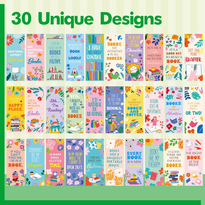 120 PCS Book Lover Bookmarks, 30 Unique Designs Double-Sided Read