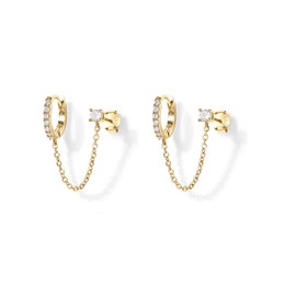 Dainty Round CZ Stud Small Hoop Cuff Double Piercing Earrings for Women Girls 925 Sterling Silver Threader Chain Drop Dangle Huggie Hoops Crawler Climbers Fashion Jewelry Gifts (Gold Clear CZ)