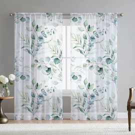 Fereyis Green Eucalyptus Leaves Curtains for Living Room 84 inch Length 2 Panels Set Elegant Floral Plant Spring Printed Window Curtain Natural Sheer Curtains Chiffon Drapes for Bedroom