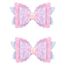 2 Pack Sprinkle Glitter Bows for Girls, Pink Toddler Girl Bows Glitter Rainbow Hair Clip Barrettes Set, Birthday Accessory Wedding Party Cute Headwear Gifts for Girls, Toddlers, Teens, Kids, Rainbow