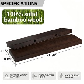 BAMEOS Solid Bamboo Floating Shelves, Set of 2 with Invisible Brackets, Natural Wood Grain Decor for Living Room, Bedroom, Kitchen, Bathroom & Office Storage