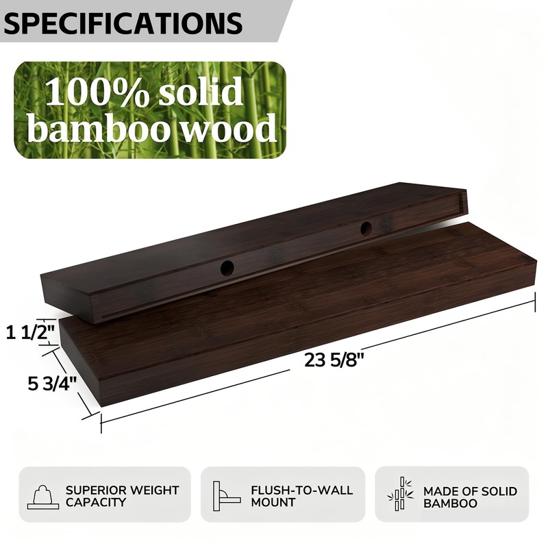 BAMEOS Solid Bamboo Floating Shelves, Set of 2 with Invisible