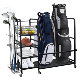 Golf Bag Storage Rack with Wheels, Golf Bag Organizer Fits 2 Bags and Store golf clubs, balls, shoes, and golf equipment accessories, Sturdy Golf Storage Rack for Home Garage Club Basement, Black
