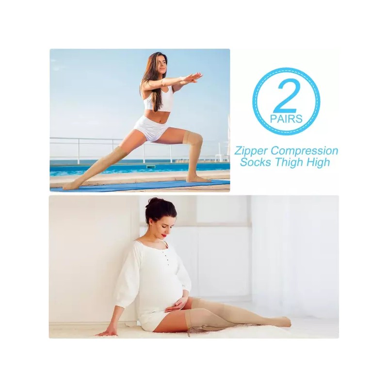 Sosation 2쌍 지퍼 압박 양말 허벅지 높이 20-30mmhg 클로즈드 토