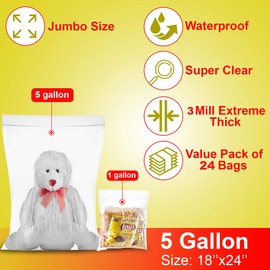 [ 24 COUNT ] - 3 MILL - 18"x24" - Extra Large Super Big Bags, Zipper - 3 MILL - Jumbo Big Plastic Bags, Clear 5 Gallon Bags,- 24 Count