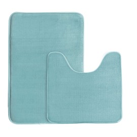 Bath Mat Memory Foam Set Bathroom Rug Set Flannel Velvety Bath Mat Luxury Extra Soft and Absorbent Non Slip Rugs for Bathroom/Bedroom Washable(Curved Set 20"x 32" Plus 20"x 20"U, Eggshell Blue)