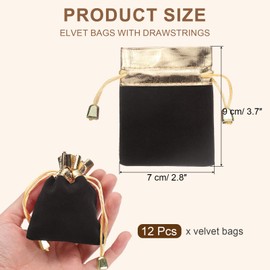 uxcell 12 Pcs Velvet Drawstring Bag, 2.8 x 3.7 Inch Jewelry Velvet Pouches Gift Bags for Wedding Party Favor Candy Jewelry Packaging Organizing Storage, Black Gold