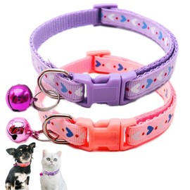 XXS Dog Collar with Bell, 2 Pack XS Cat Collars Girl Cute Soft Adjustable Buckle for XSmall Extra Small Tiny Little Puppies Dogs Pet Female Kitten Yorkie Chihuahua Purple and Pink
